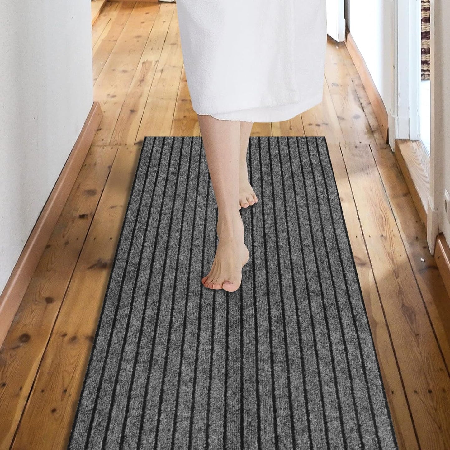 Custom Size Backed Non-Slip Area Rugs Runner, Easy Clean, Waterproof Runner Rugs for Hallway Entryway, Kitchen, Laundry, 3FT x 71FT, Gray Stripe