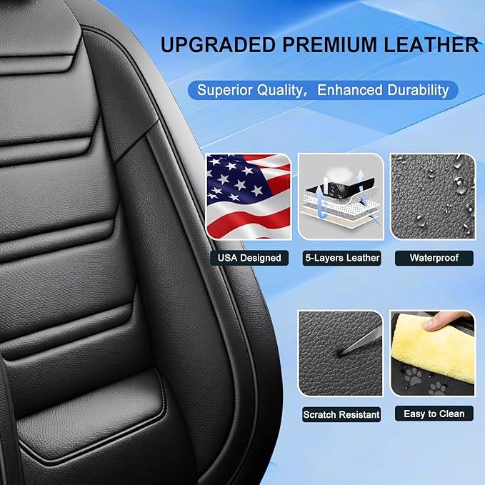 Fit RAV4 Car Seat Covers for Select Toyota RAV 4 2013-2026 /RAV4 Hybrid - Premium Full Coverage Leather, Airbag Compatible, Waterproof & All Weather Seat Cushion Protector, Full Set, Black