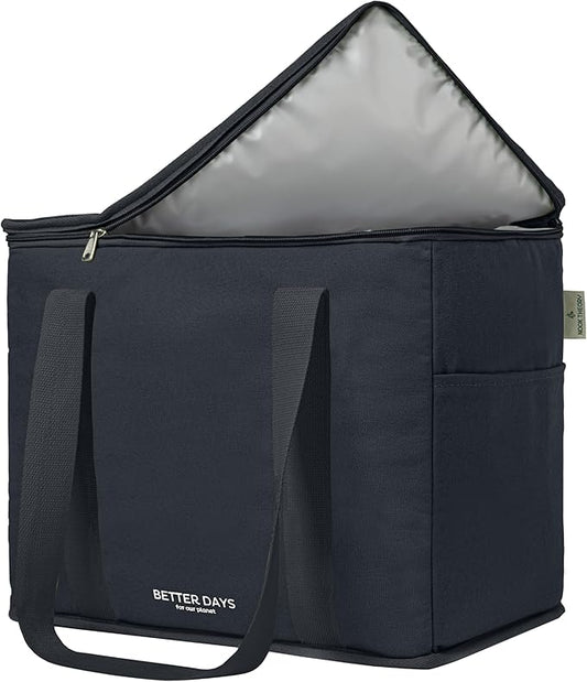 Reusable Insulated Grocery Bag - Leak Proof, X Large Cooler Bag - Insulated Shopping Bags for Groceries - Travel Cooler Bag for Frozen and Hot Food with Zippered Top (Black)
