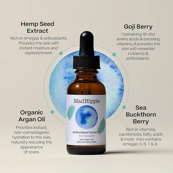 Mad Hippie Antioxidant Facial Oil - Face Oil for Women/Men with Organic Argan Oil, Non-Comedogenic Moisturizer for Face with Natural Sources of Vitamin C & Vitamin E Oil for Skin Care, 1.02 Oz