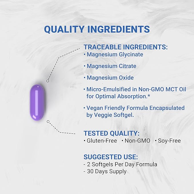 Triple Magnesium Complex | Vegan Magnesium Glycinate, Citrate & Oxide 250mg | Easily Absorbed Magnesium Supplement for Stress, Muscle, Heart, Bone Support | 60 Veggie Softgels