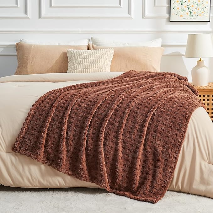 NEWCOSPLAY Super Soft King Blanket Coffee Premium Silky Flannel Fleece 3D Waffle Checkered Lightweight Bed Blanket All Season Use (Coffee, King(90"x110"))