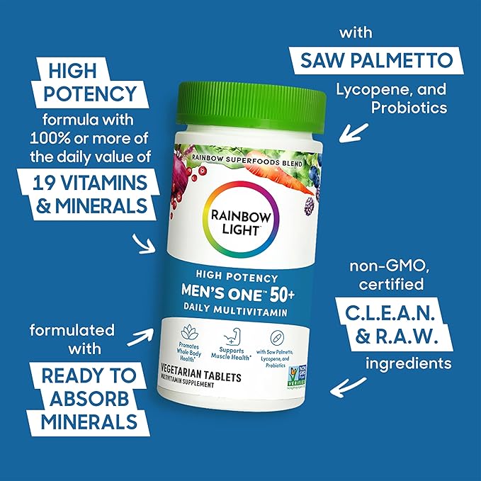 Rainbow Light Multivitamin for Men 50+, Vitamin C, D & Zinc, Probiotics, Men's One 50+ Multivitamin Provides High Potency Immune Support, Non-GMO, Vegetarian, 90 Tablets