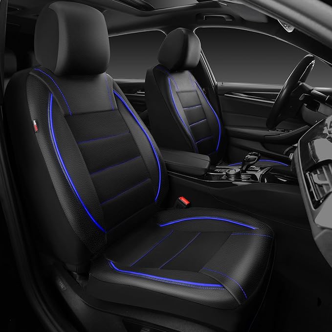 CAR PASS Universal FIT Piping Leather Two Front Seat Covers, Waterproof Faux Leather for SUV Sedan Van Truck, Airbag Compatible,Reserved Opening Holes for Headrest Covers. (Black and Blue)