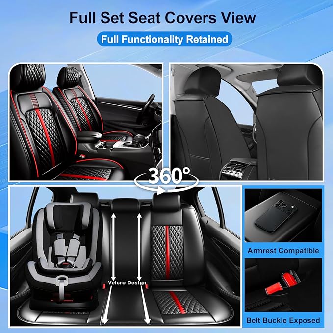 Fit RAV4 Car Seat Covers for Select Toyota RAV 4 2013-2025 2026 /RAV4 Hybrid - Premium Full Coverage Leather, Airbag Compatible, Waterproof & All Weather Seat Protector, Full Set, Red Trim