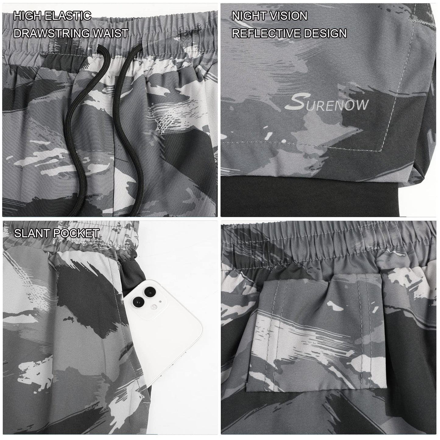 Surenow Mens 2 in 1 Running Shorts Quick Dry Athletic Shorts with Liner, Workout Shorts with Zip Pockets and Towel Loop (Gray-Camouflage, L)