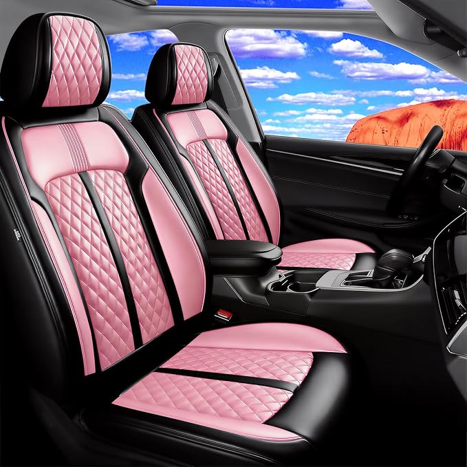 Fit Accord Car Seat Covers for Select Honda Accord 2012-2026 - Premium Full Coverage Leather, Airbag Compatible, Waterproof & All Weather Seat Protector, Front Pair Black+Pink