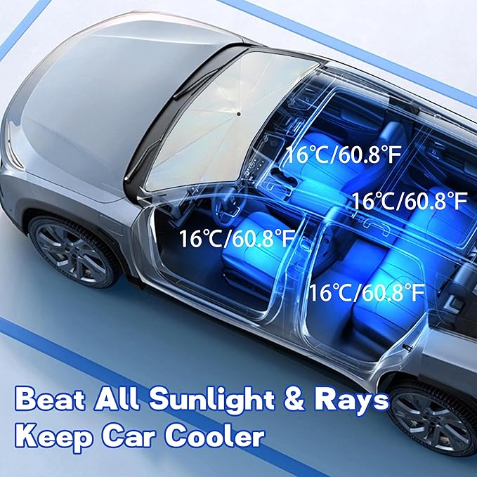 Windshield Sun Shade Umbrella, Portable Foldable, Spring Structure Wind Shield, Front Window Sunshade, Protect from Sun Rays Car Windshield, Universal for Any Car (61'' x 33.4'')