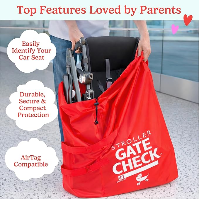 J.L. Childress Gate Check Bag for Single & Some Double Strollers - Travel Bag for Airplane, Fits Most Standard Baby Strollers, Airport Accessories for Gate Check, Flying Essentials - Red