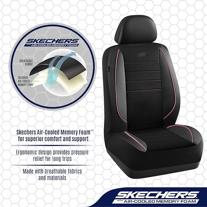 Skechers Air-Cooled Memory Foam Seat Covers,Mesh Thick Car Seat Covers,Piping Leather Car Seat Covers Front Seats,Airbag Compatible,Automotive Comfort Universal FitMost Cars,Vans,Truck,SUV,Pink