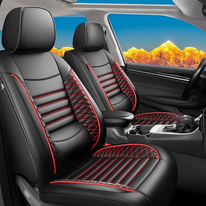 Fit Santa Fe Car Seat Covers for Hyundai Santa Fe 2007-2025 2026 - Upgraded Premium Waterproof & Breathable Leather,Airbag Compatible, All-Weather Seat Cushion Protector(Full Set,Black+Red)