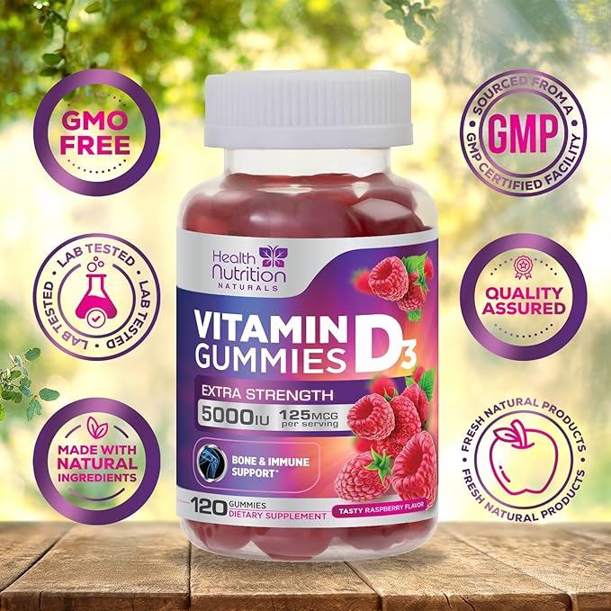 Vitamin D3 Gummies Extra Strength 5000 IU (125 mcg) - Immune Support, Bone, Teeth and Muscle Vitamin D Gummy Dietary Supplement, Nature's Berry Vitamin D Supplement, Raspberry, Non-GMO - 120 Gummies