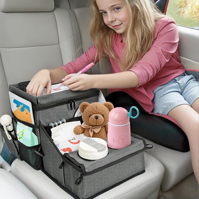 Car Seat Organizer, Backseat Car Organizer with Cup Holder Tray and Storages for Kids and Adults, Portable Travel Cooler for Car for Front or Back Seat Passenger Organizer Ccompartment (Grey)
