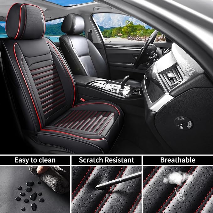 Car Seat Covers Full Set Fit for Toyota Yaris 2007-2020, Premium Faux Leather Car Seat Protector,Breathable Anti-Slip Full Wrapping Edge Seat Covers(Black&Red,Full Set)