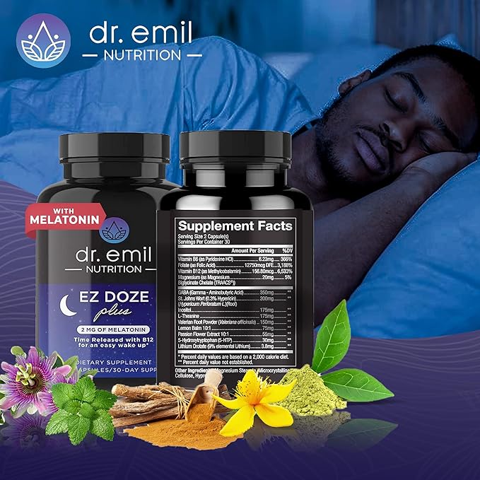 DR. EMIL NUTRITION EZ Doze Melatonin-Free Natural Sleep Aid with L-Theanine, GABA & 5HTP - Extra Strength Sleeping Pills for Adults - Safe and Non-Habit Forming (60 Veggie Capsules)