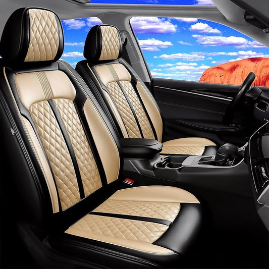 Fit RAV4 Car Seat Covers for Select Toyota RAV 4 2013-2026 /RAV4 Hybrid - Premium Full Coverage Leather, Waterproof & All Weather Seat Cushion Protector, Full Set, Black+Beige