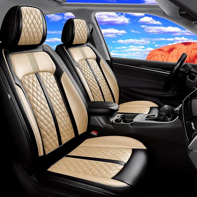 Fit RAV4 Car Seat Covers for Select Toyota RAV 4 2013-2026/RAV4 Hybrid - Premium Full Coverage Leather, Airbag Compatible, Waterproof & All Weather Seat Protector, Front Pair Black+Beige