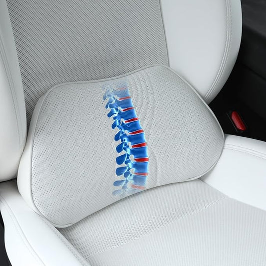 Lumbar Support Pillow for Car Seat, Office Chair Nappa Leather Memory Foam Lower Back Cushion for Back Pain Relief Improve Posture, Ergonomic Back Rest for Gaming Chair, White, 1PC