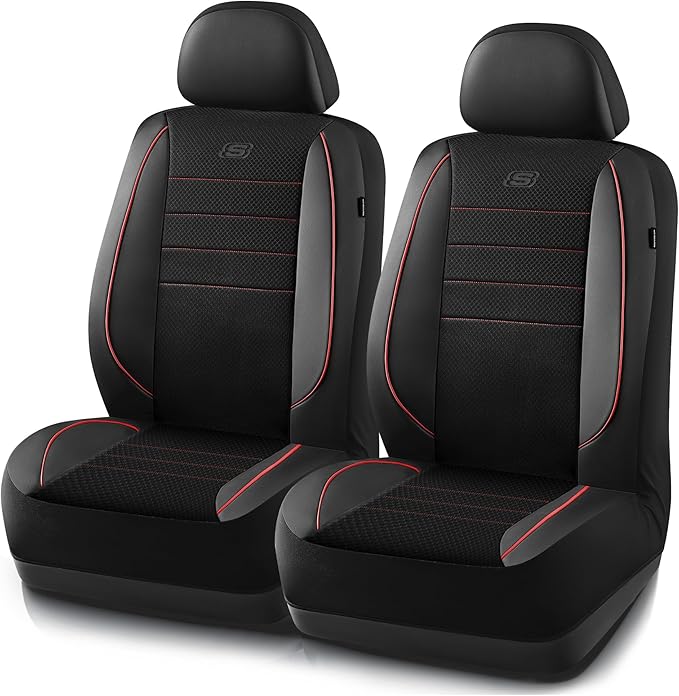Skechers Air-Cooled Memory Foam Seat Covers,Thick Car Seat Covers,Leather Piping Car Seat Covers Front Seats,Airbag Compatible,Automotive Comfort Universal Fit Most Cars,Vans,Trucks,SUV,Red