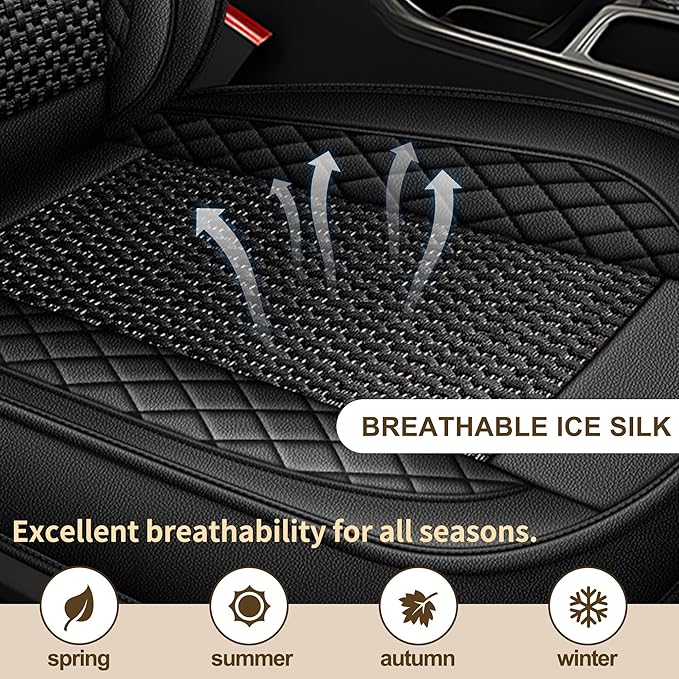 TTX LIGHTING for Ford Mustang 2007-2022 Car Seat Covers, Breathable Ice Silk & Leather Seat Protector, Cool & Anti-Sweat for Long Driving, Airbag Compatible, 2 Front Seats (Black)