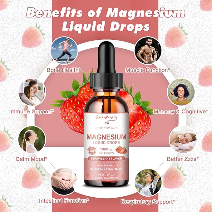 Magnesium Glycinate Liquid Drops - 1000mg 5-in-1 High Absorption Liquid Magnesium Complex with D3/K2/B6 | Fast-Acting, Bone, Muscle & Sleep | Sugar-Free Strawberry Flavor, 2fl Oz