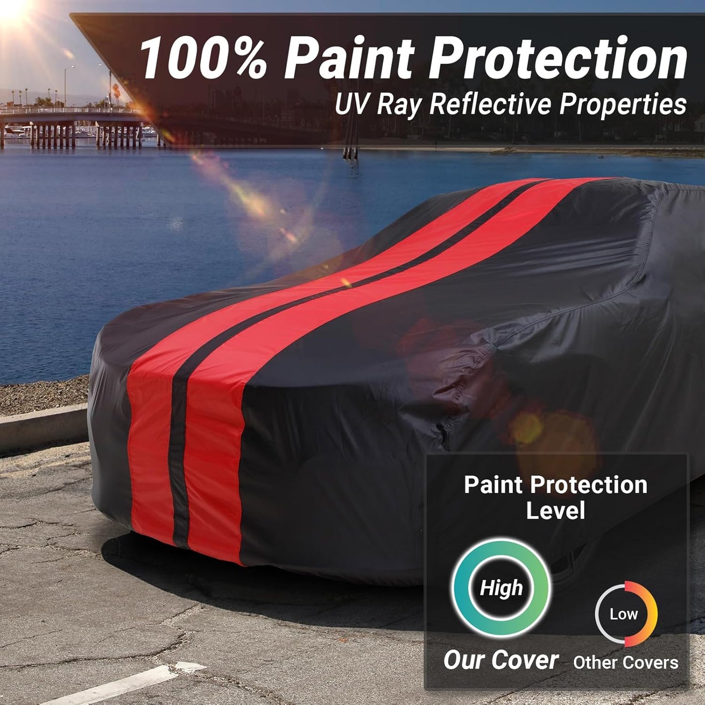 iCarCover Custom Car Cover for Pontiac Parisienne Wagon (1965-1970) Waterproof All-Weather Rain Snow UV Sun Protector Full Exterior Indoor Outdoor Car Cover (Stripe - Black/Red)