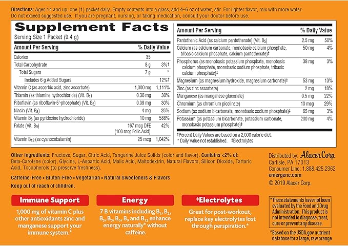 Emergen-C 1000mg Vitamin C Powder, with Antioxidants, B Vitamins and Electrolytes, Vitamin C Supplements for Immune Support, Caffeine Free Fizzy Drink Mix, Tangerine Flavor - 30 Count