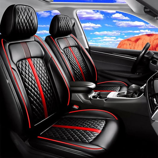 Fit RAV4 Car Seat Covers (Front Pair) for Select Toyota RAV 4 2013-2026/RAV4 Hybrid - Premium Full Coverage Leather, Waterproof & All Weather Seat Cushion Protector, Black with Red Trim