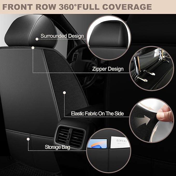 TTX LIGHTING for VW Tiguan 2009-2026 Car Seat Covers, Breathable Ice Silk & Leather Seat Protector, Cool & Anti-Sweat for Long Driving, Airbag Compatible, 2 Front Seats (Black)