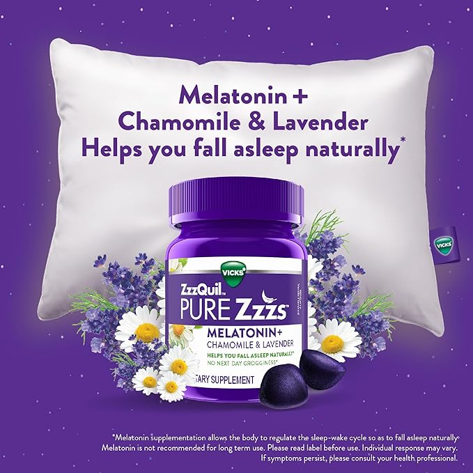 ZzzQuil Pure Zzzs, Melatonin Sleep Aid Gummies with Lavender, Valerian Root and Chamomile, Natural Wildberry Vanilla Flavor, Non-Habit Forming, Drug-Free, 24 Gummies (Pack of 4)