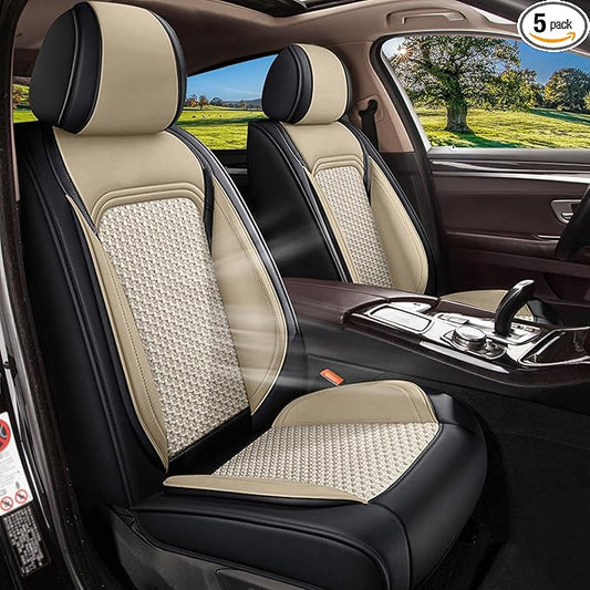 Car Seat Covers Full Set for Toyota Avalon 2001-2025 2026 - Breathable Cooling Ice Silk Leather Seat Cover - 5 Seats for Toyota Avalon Accessories (Black&Beige)