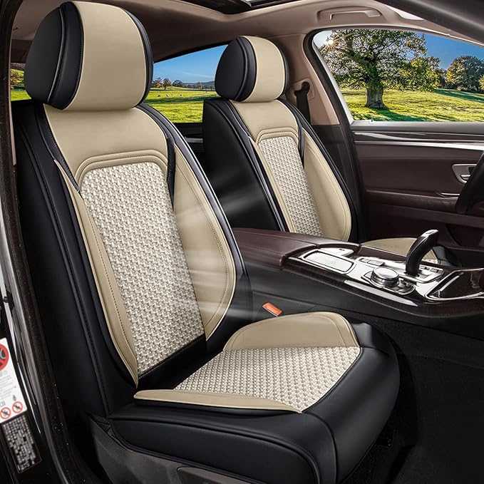 Car Seat Covers Front Seats for Nissan Rogue 2010-2023 2025 2026 - Cooling Ice Silk Leather Seat Cover - Ventilated 2 Seats Vehicle Seat Cushion Protector Automotive Accessories (Black&Beige)