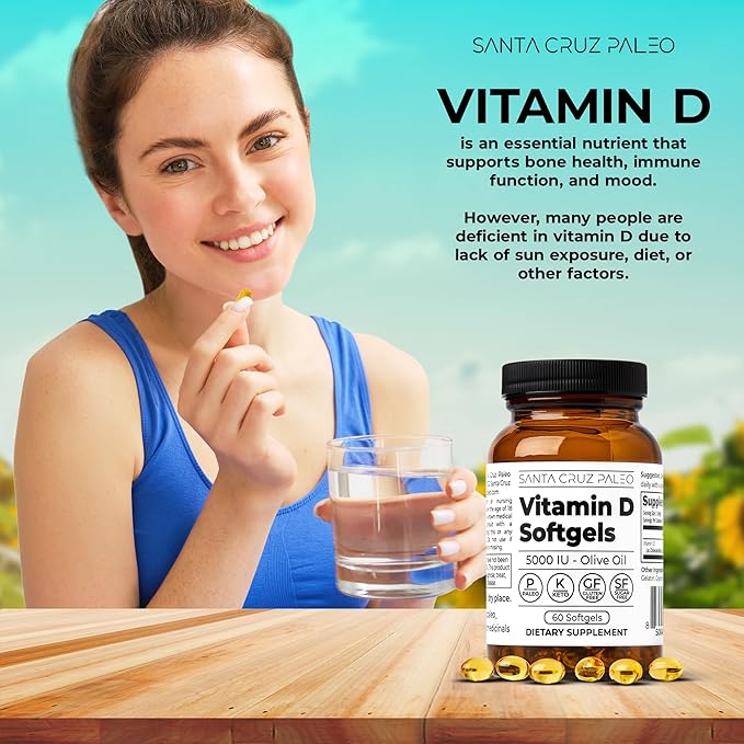 Santa Cruz Paleo Vitamin D Supplement, Bone Health & Immune Support, 5000 i.u. Per Softgel, Gluten Free, Keto, Sugar Free, Paleo, Vitamin D3, Olive Oil for Absorption, Natural Ingredients, 60 Softgels