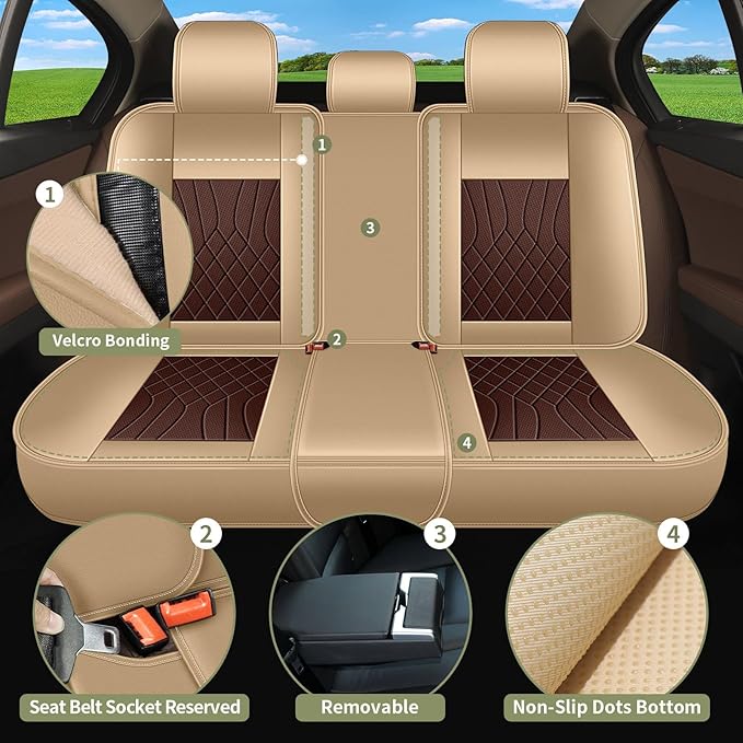 Breathable Car Seat Covers for Nissan Kicks 2025 2026 2022 2021 2020 2019 2018, Perforated Leather Full Set 5 Seats, for Nissan Kicks Accessories (Beige&Brown)