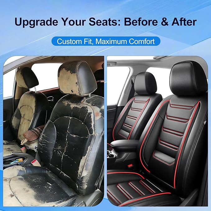Fit Ridgeline Car Seat Covers for Select Honda Ridgeline 2007-2026 - Premium Full Coverage Leather, Airbag Compatible, Waterproof & All Weather Seat Cushion Protector, Full Set, Red Trim