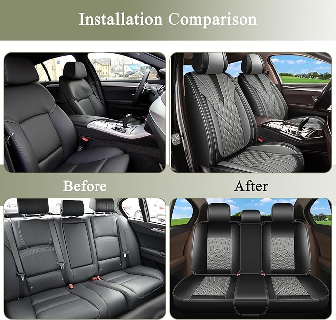 Full Set Car Seat Covers for Toyota RAV4 2013-2023 2024 2025 RAV4 Hybrid RAV-4: Breathable Perforated Premium Leather Seat Cover (Black&Grey)
