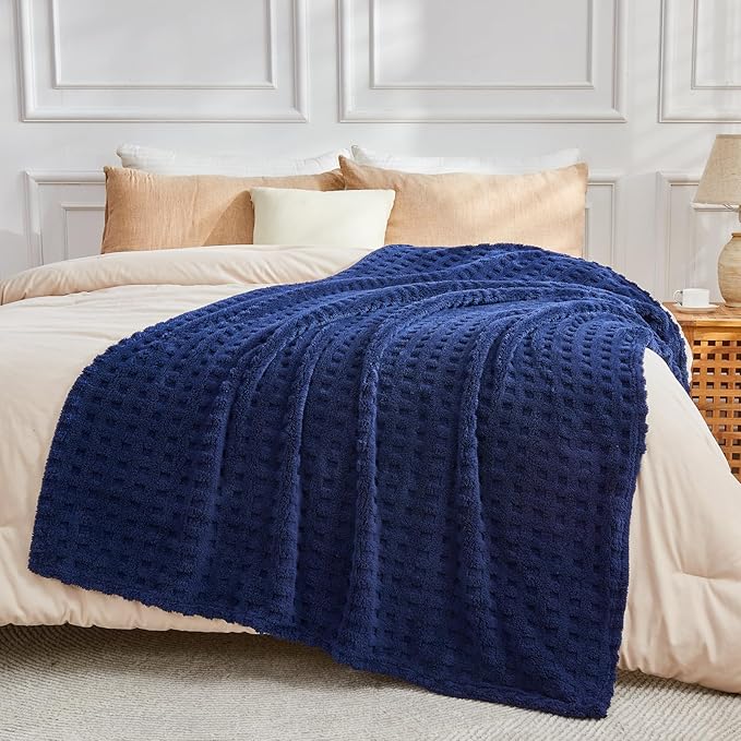NEWCOSPLAY Super Soft Throw Blanket Navy Premium Silky Flannel Fleece 3D Waffle Checkered Lightweight Bed Blanket All Season Use (Dark Navy, Throw(50"x70"))