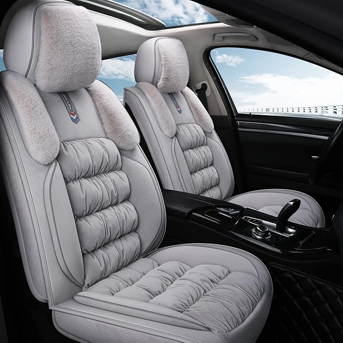 AOOG Fuzzy Car Seat Covers, Heated Bench Back Cushion Protector for Cars SUV Trucks(Front Pair,Grey)