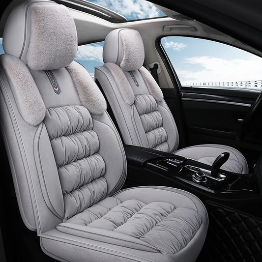 AOOG Fuzzy Car Seat Covers, Heated Bench Back Cushion Protector for Cars SUV Trucks(Full Set,Grey)