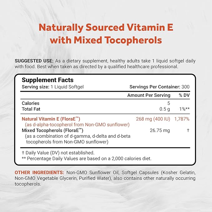 Sunflower Vitamin E 268mg (400 IU) with Mixed Tocopherols | Essential Skin Vitamin & Immune Support | Non-GMO, Soy & Gluten Free | 300 Softgels