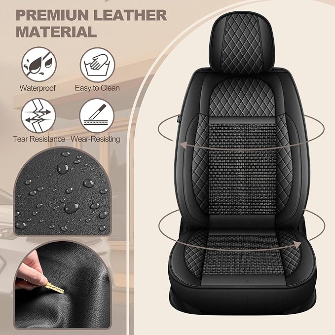 TTX LIGHTING for VW Tiguan 2009-2026 Car Seat Covers, Breathable Ice Silk & Leather Seat Protector, Cool & Anti-Sweat for Long Driving, Airbag Compatible, 2 Front Seats (Black)