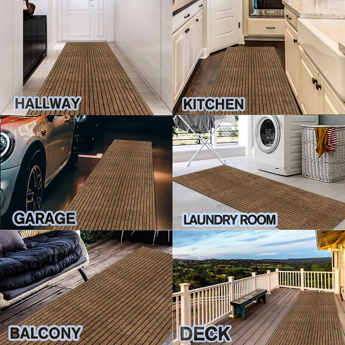 Custom Size Backed Non-Slip Area Rugs Runner, Easy Clean, Waterproof Runner Rugs for Hallway Entryway, Kitchen, Laundry, 3FT x 44FT, Brown Stripe