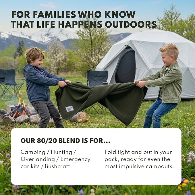 Woolly Mammoth 80% Merino Wool Camp Blankets (2-Pack) - Soft, Naturally Fire-Resistant and Temperature-Regulating - for Winter Camping, Bushcraft and Emergency Car Kits (66" x 90", Slate & Moss)