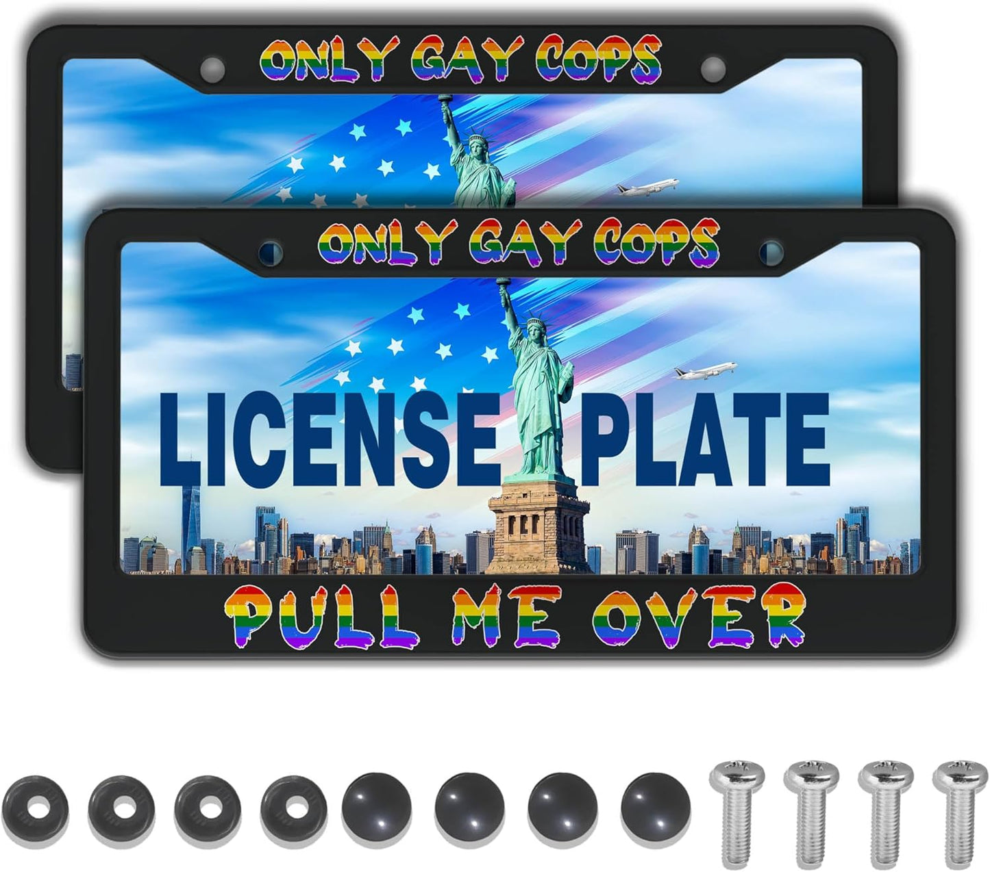 License Plate Frames Black and White Automotive Exterior Accessories Only Gay Cops Pull Me Over Universal Aluminum Car Accessory 2 Pack with Screw Covers Set