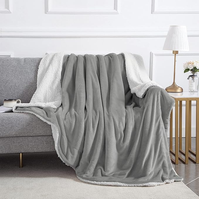 IR Imperial Rooms Sherpa Fleece Throw Blanket Twin Size for Couch - Thick and Warm Fluffy Blankets for Winter, Soft and Fuzzy Twin Blanket for Bed and Sofa, Light Grey, 60x80 Inches