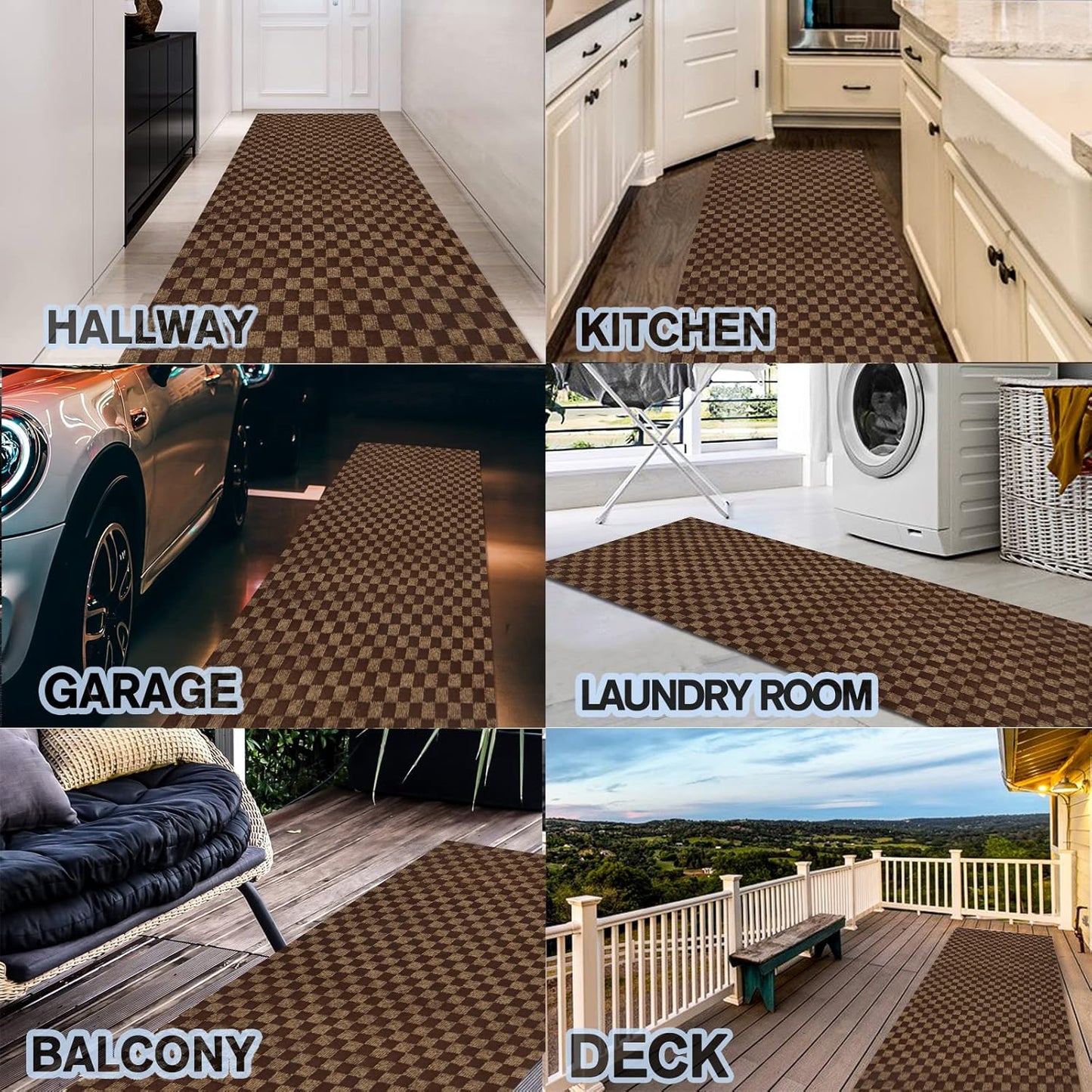Custom Size Backed Non-Slip Area Rugs Runner, Easy Clean, Waterproof Runner Rugs for Hallway Entryway, Kitchen, Laundry, 3FT x 58FT, Brown Checkered