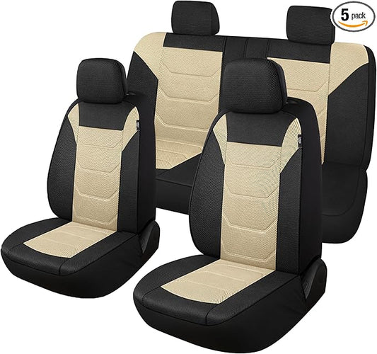 3D Air Mesh Car Seat Cover Full Sets Washable and Breathable Premium Cloth Automotive Vehicle Seat Covers for Cars Interior, Universal Fit for Most Cars, Sedan, Truck, SUV(Black/Beige)