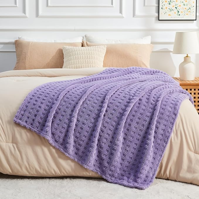 NEWCOSPLAY Super Soft Queen Blanket Lavender Premium Silky Flannel Fleece 3D Waffle Checkered Lightweight Bed Blanket All Season Use (Lavender, Queen(90"x90"))