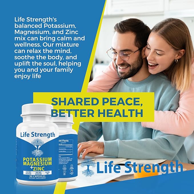 Life Strength Magnesium Potassium Supplements + Zinc 90 Capsules for Vascular Health – High Absorption Vegan, Natural ingredients Supplement for Leg Cramps and Sleep