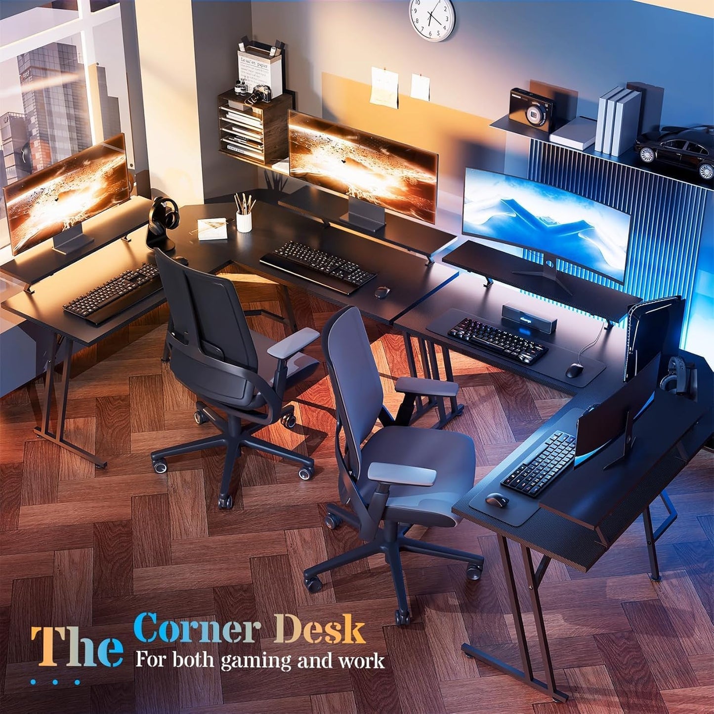 HLDIRECT 51 Inch L Shaped Gaming Desk with Monitor Stand and LED Lights, Corner Computer Desk with Carbon Fiber Surface, PC Gaming Table for Home Office Writing Workstation, Easy to Install, Black
